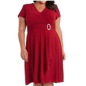 R&M Richards Red Short Sleeve Faux-Wrap Dress w/ Rhinestone Oval Buckle Size 22W